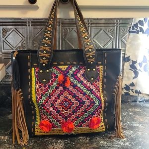 EUC! Black leather and vintage Fabric tote